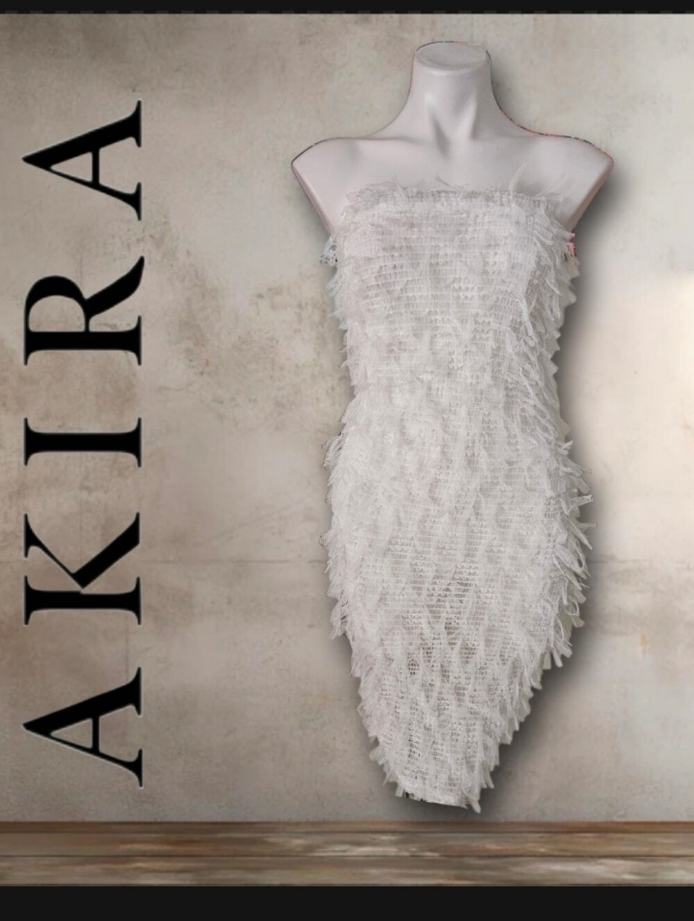 AKIRA White Strapless Fringe Sheath Dress Small